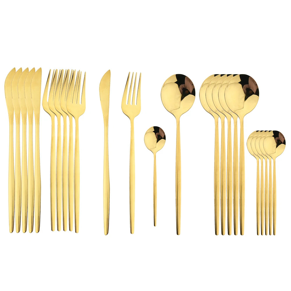 24 Pcs Preto Punho Conjunto de Talheres Dourados Aço Inoxidável Faca Garfo Colher Talheres Conjunto de Talheres Festival Cozinha Louça Presente
