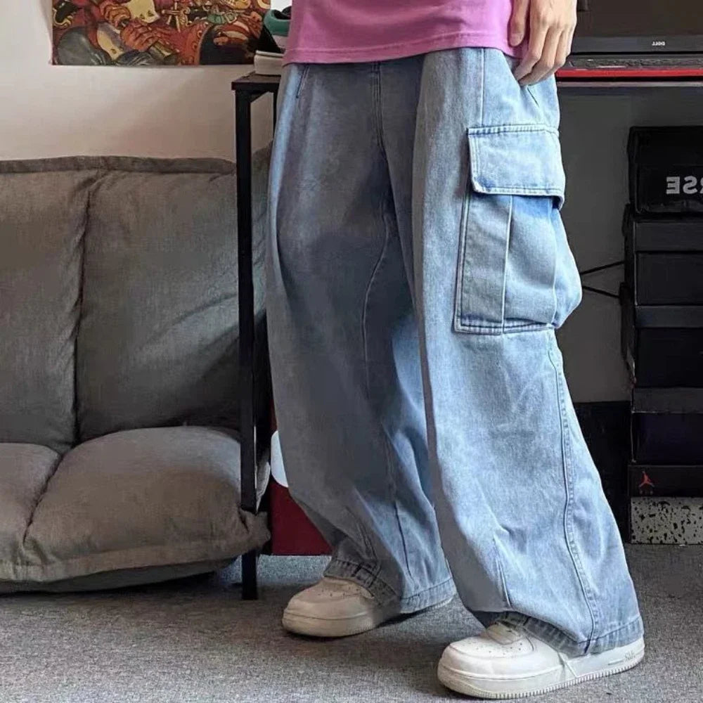 Calças Jeans Largas Calças Jeans Masculinas Calças Pretas de Perna Larga Jeans Masculinos Oversize Cargo Coreano Streetwear Hip Hop Harajuku
