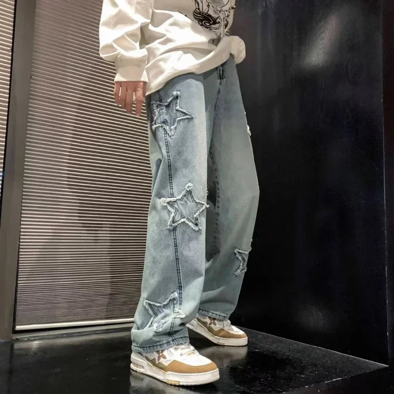 Estrelas Patchwork Homens Jeans Nova Moda Y2K Tassel Pants Coréia Roupas Em Linha Reta Hip Hop Emenda Calças Masculinas Streetwear
