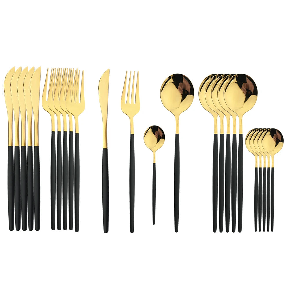 24 Pcs Preto Punho Conjunto de Talheres Dourados Aço Inoxidável Faca Garfo Colher Talheres Conjunto de Talheres Festival Cozinha Louça Presente