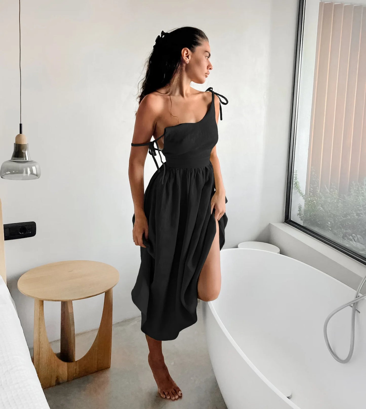 Vestido de cintura alta com suspensório respirável de algodão e linho Verão europeu e americano Novo estilo de férias saia longa para mulheres