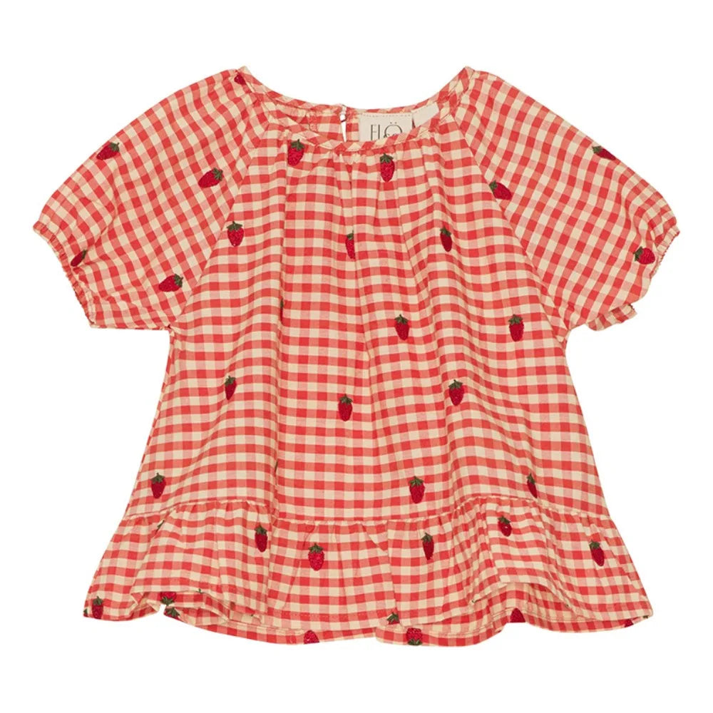 2024 Verão Floess Roupas Infantis Bebê Meninas Vestido de Algodão Xadrez Morango Manga Curta Camisetas Shorts Ternos Roupas Infantis
