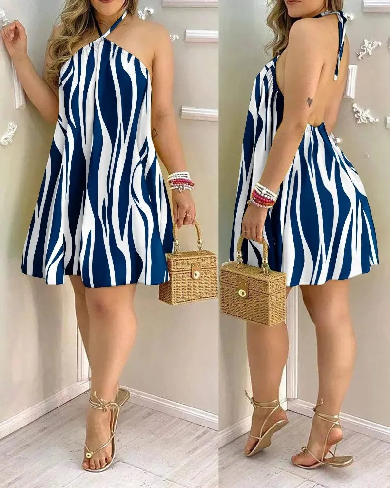 Vestido de Estampa Tropical com Decote Halter, Estilo de Férias Vestido Sem Costas para Primavera & Verão, Roupas Femininas