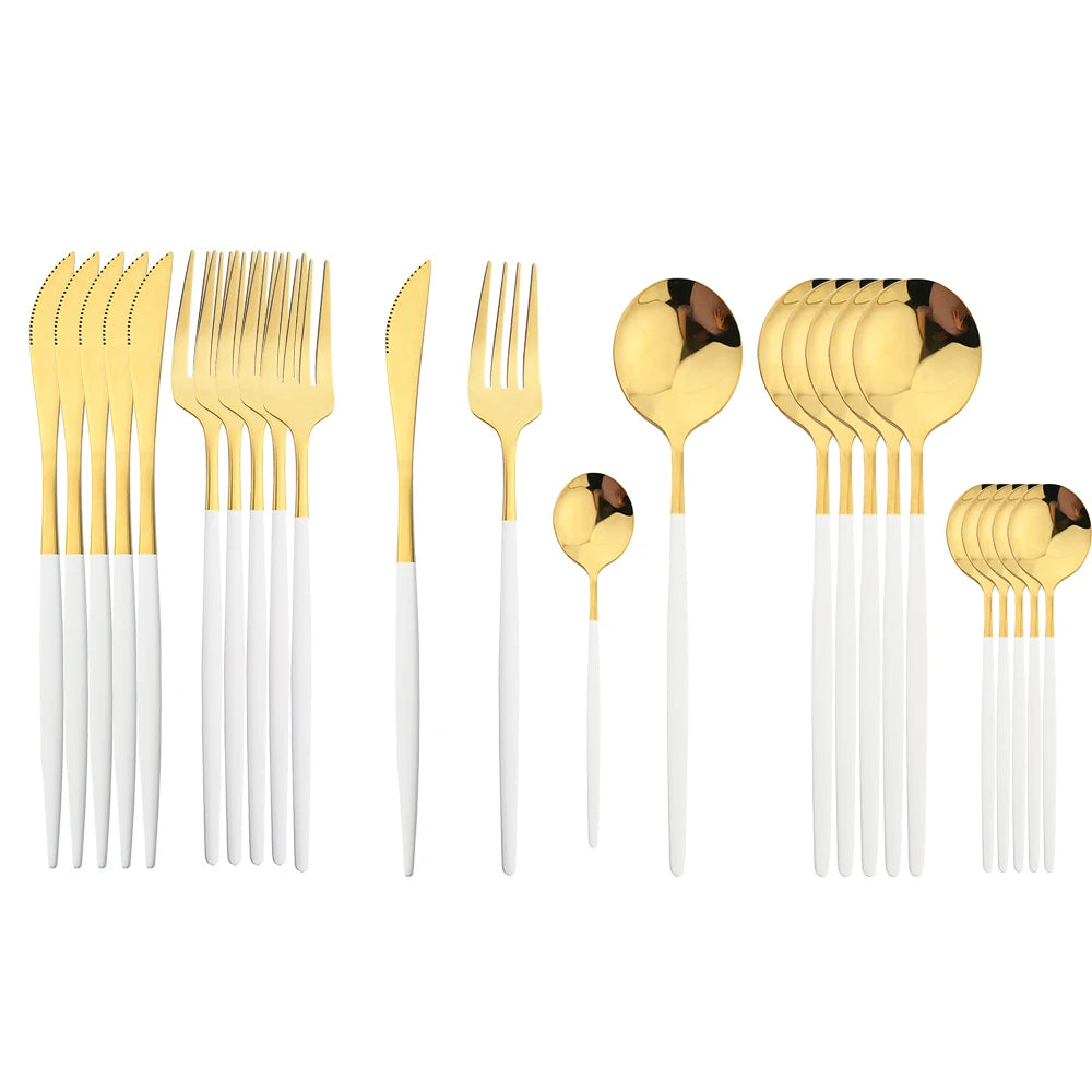 24 Pcs Preto Punho Conjunto de Talheres Dourados Aço Inoxidável Faca Garfo Colher Talheres Conjunto de Talheres Festival Cozinha Louça Presente