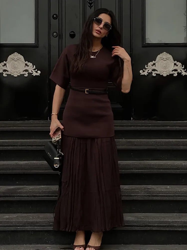 2025 Chic Splicing Brown Meia Manga Maxi Vestido Feminino Casual Plissado A Linha Slim Vestidos Femininos Escritório Comutar Vestes de Rua