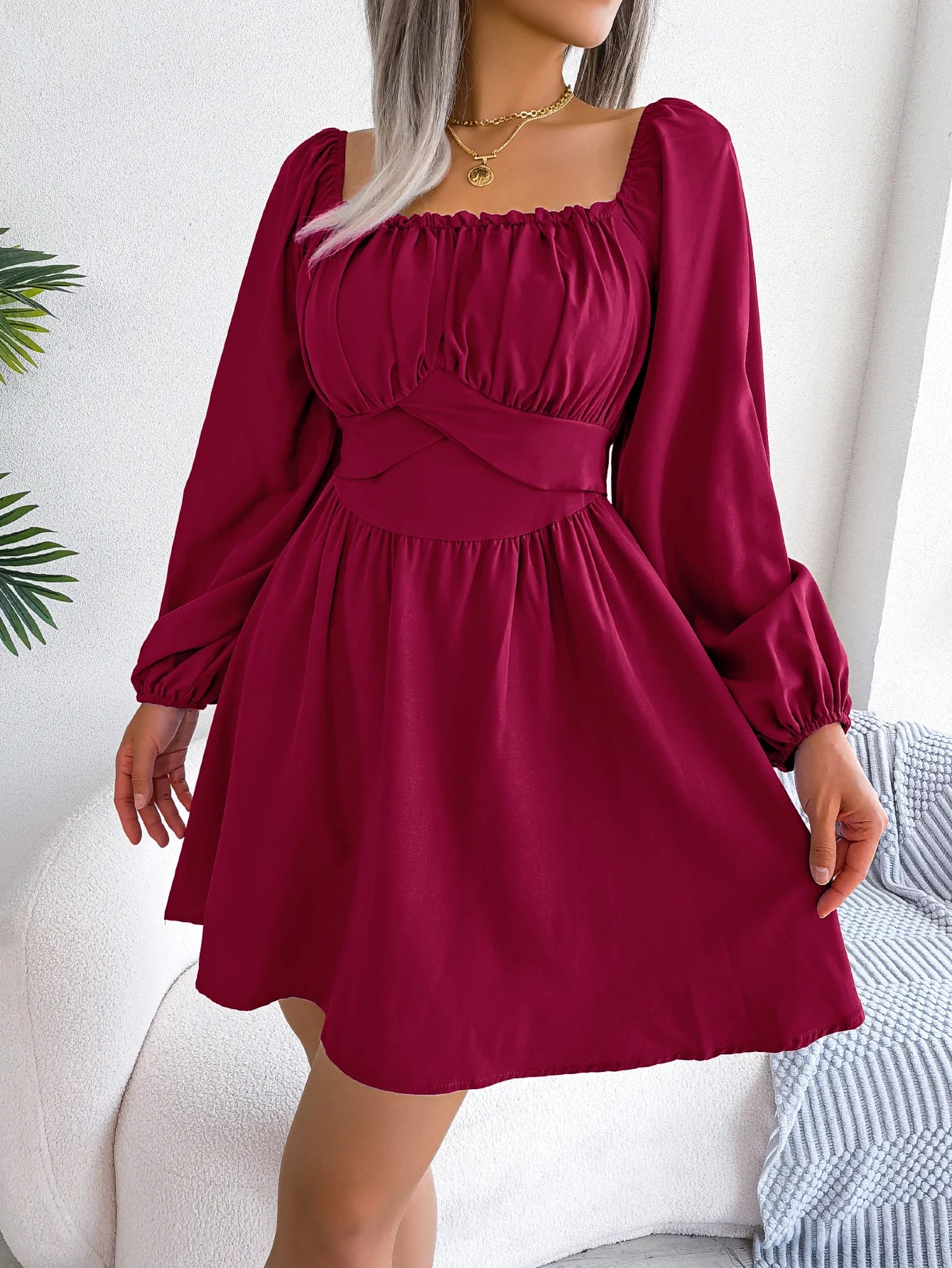 Vestido Casual Franzido com Decote Quadrado e Manga Longa com Acabamento em Babados para Primavera e Outono, Roupas Femininas
