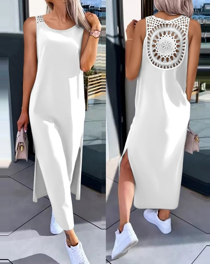 Vestidos Femininos 2024 Moda Verão Fenda Vazada Casual Tecido Decote Redondo Sem Mangas Diário Reto Vestido de Panturrilha Média