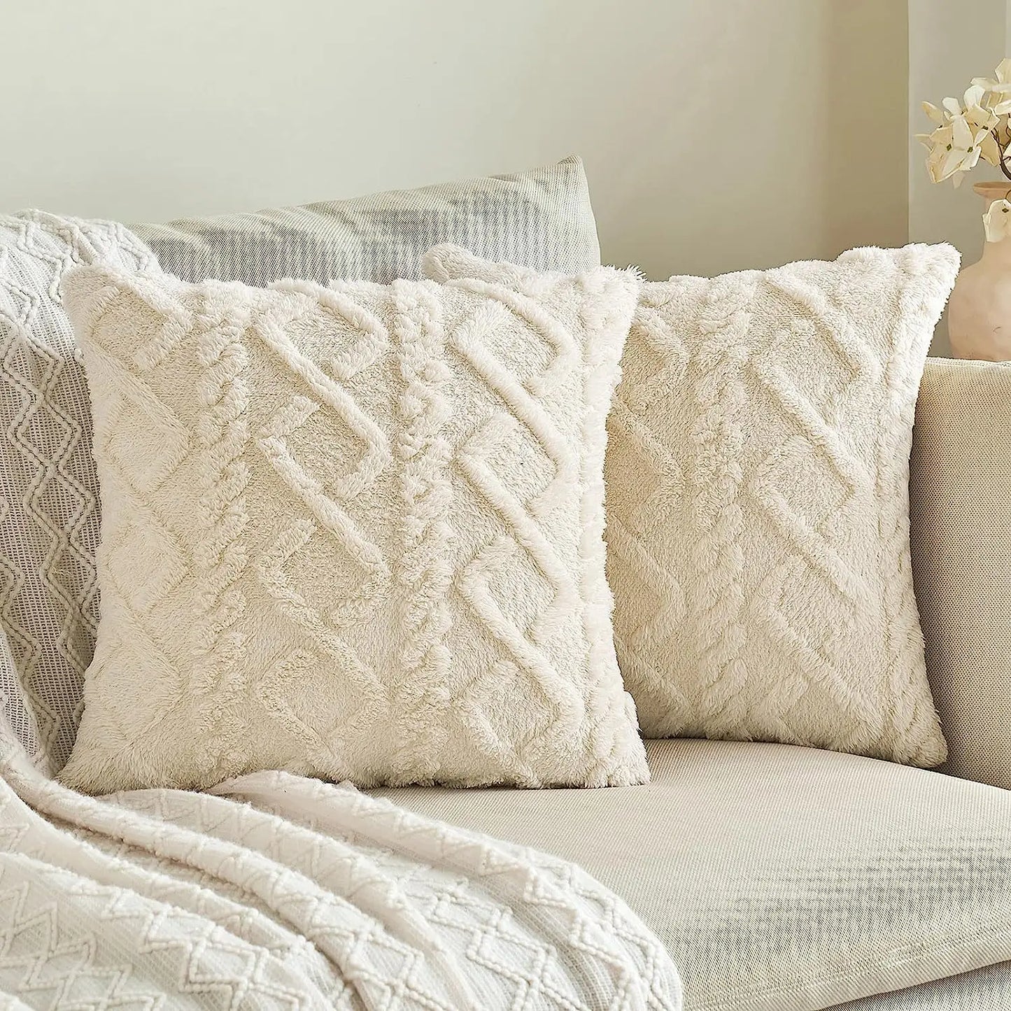 1 capa de almofada de lã artificial decorativa simples, capa de almofada de lã de pelúcia curta e macia, sofá decorativo moderno, fami