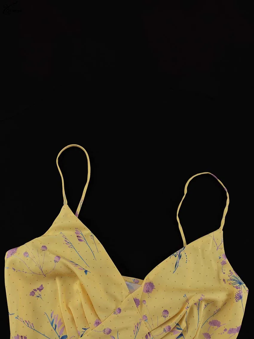 Vestido Feminino Casual Oymimi com Estampa Amarela Elegante Alças Finas Costas Abertas Moda Outono Cintura Alta Vestido de Tornozelo