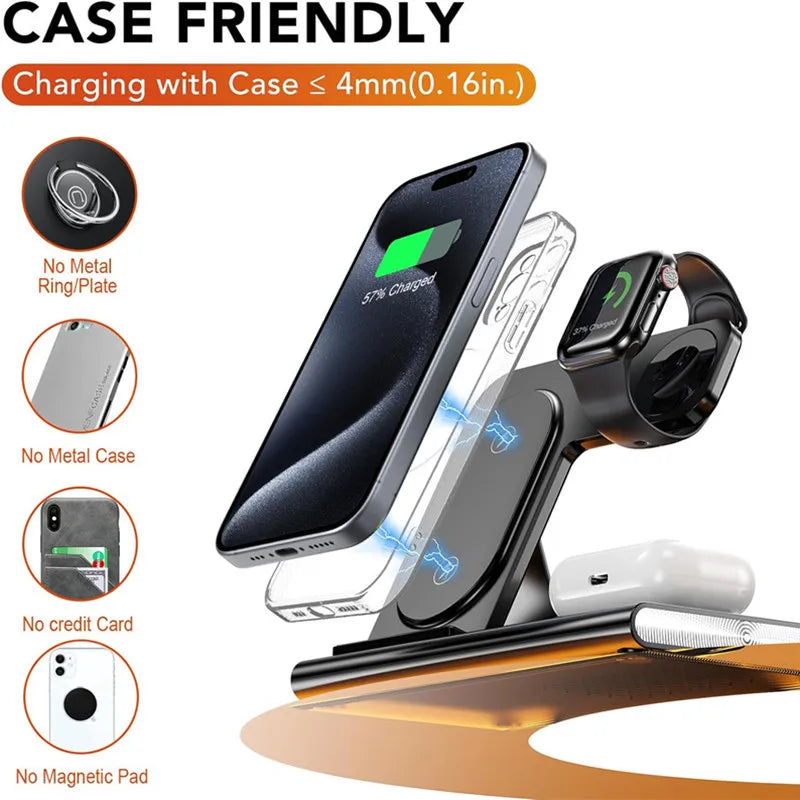 Carregador Sem Fio 3 Em 1 Dobrável 300W com Suporte de Mesa para Carregamento Rápido para iPhone 16 15 14 13, Samsung, Apple Watch e Airpods