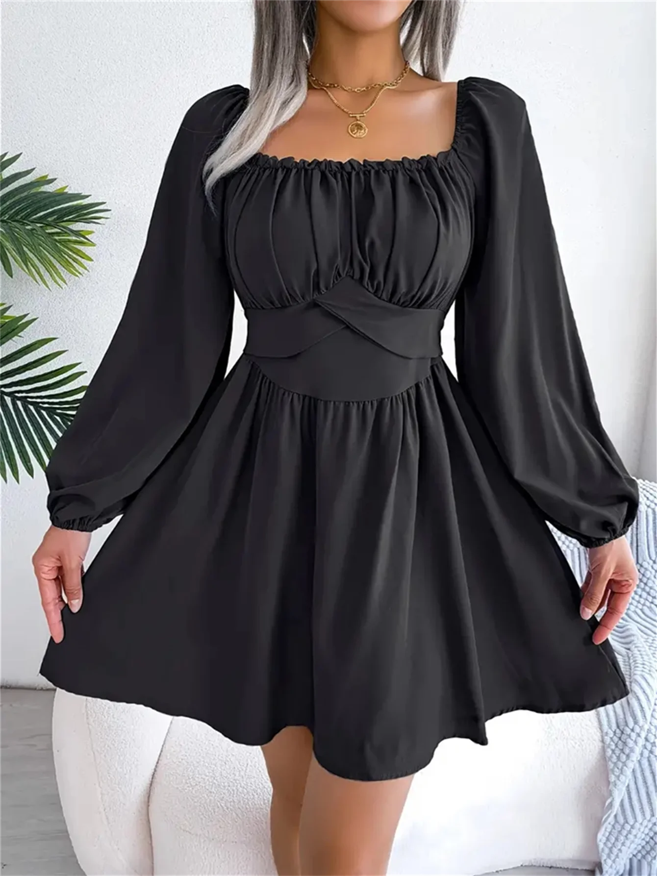 Vestido Casual Franzido com Decote Quadrado e Manga Longa com Acabamento em Babados para Primavera e Outono, Roupas Femininas