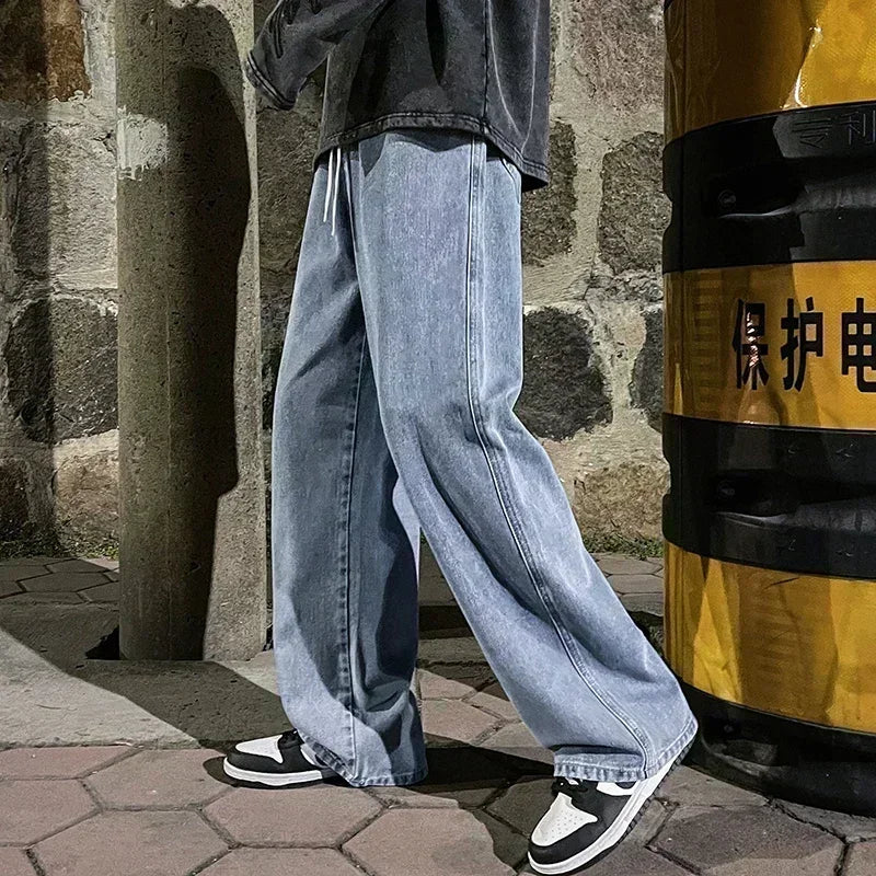 2024 Novo Streetwear Jeans Solto Masculino Estilo Coreano Moda Solta Reta Perna Larga Calças Masculinas Roupas de Marca Preto Azul Claro