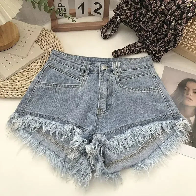 Shorts jeans com franjas avermelhadas rosa verão feminino novo nicho emagrecimento cintura alta picante menina linha A calças de calor de perna larga