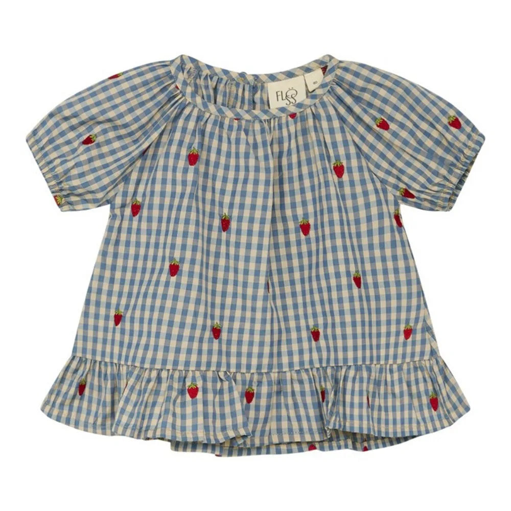 2024 Verão Floess Roupas Infantis Bebê Meninas Vestido de Algodão Xadrez Morango Manga Curta Camisetas Shorts Ternos Roupas Infantis