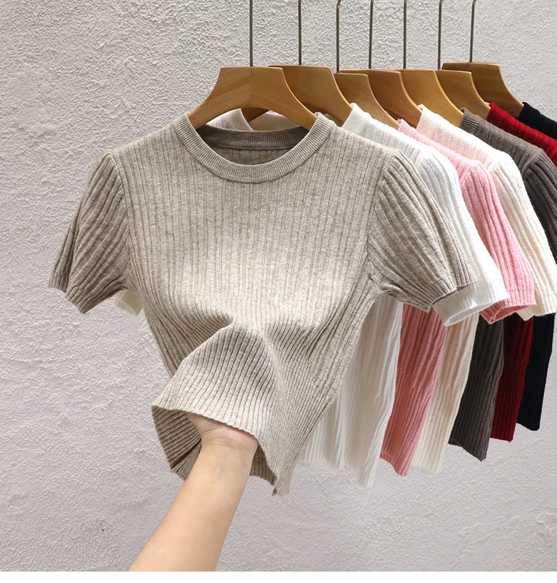 Camisetas de verão para mulheres Casual Feminino Coreano Malha Streetwear Tees Básico Sólido Jovem Cool Tops