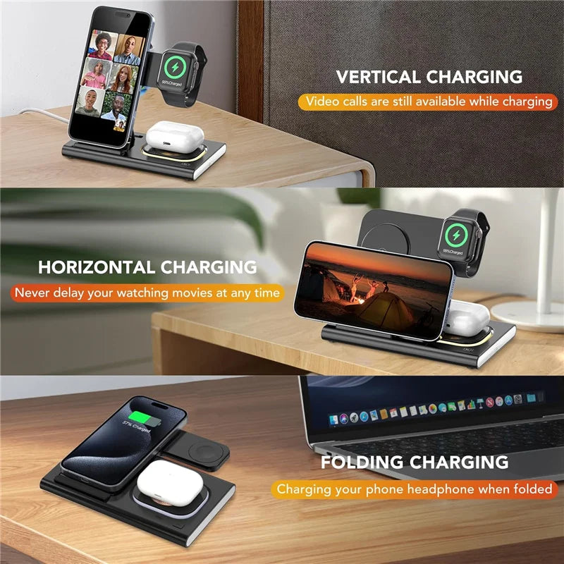 Carregador Sem Fio 3 Em 1 Dobrável 300W com Suporte de Mesa para Carregamento Rápido para iPhone 16 15 14 13, Samsung, Apple Watch e Airpods