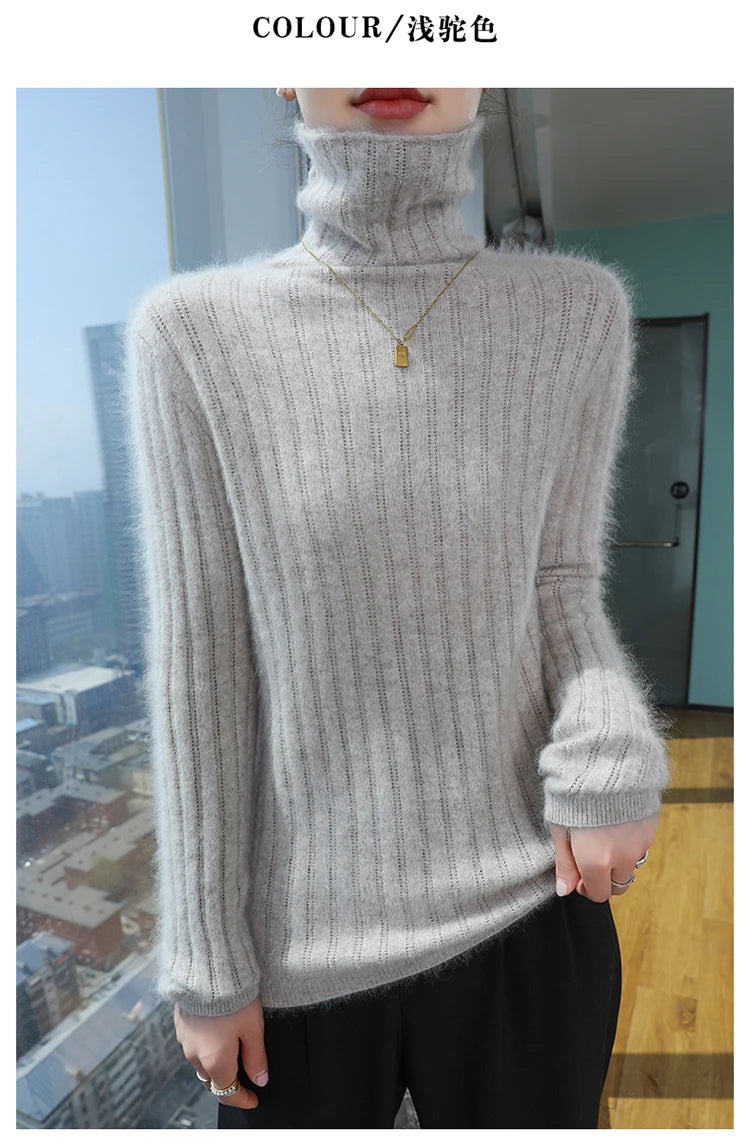 Pilha pescoço camisola mulheres 2025 outono einverno novo 100% puro vison cashmere camisola moda feminina malha pulôver de manga comprida