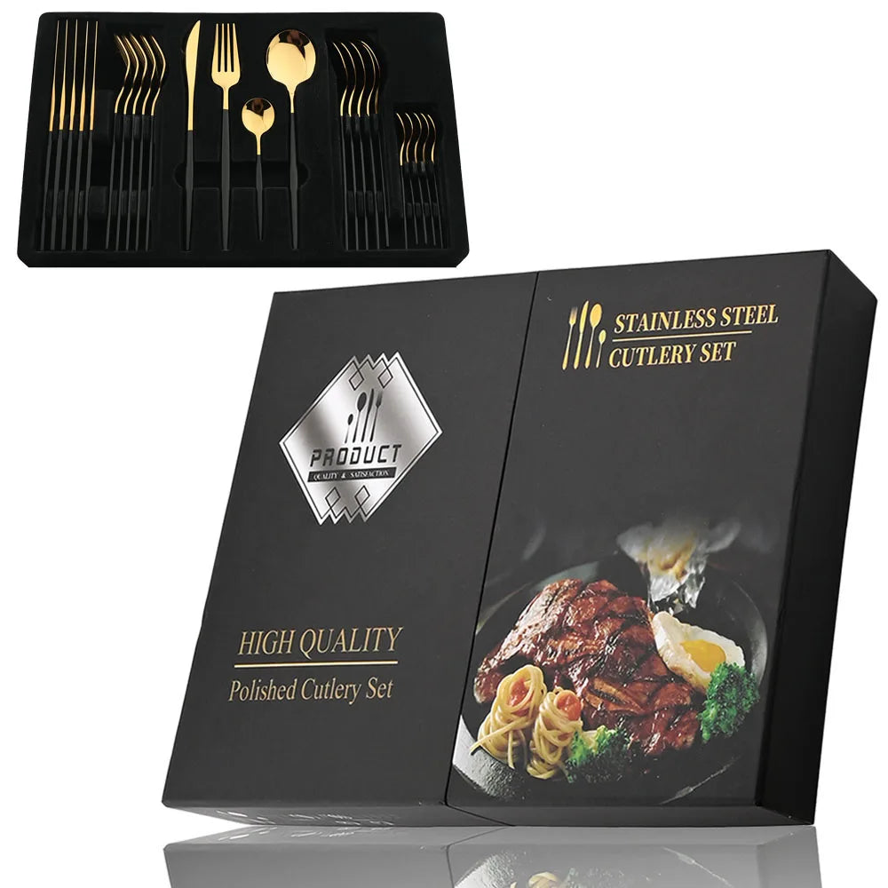 24 Pcs Preto Punho Conjunto de Talheres Dourados Aço Inoxidável Faca Garfo Colher Talheres Conjunto de Talheres Festival Cozinha Louça Presente