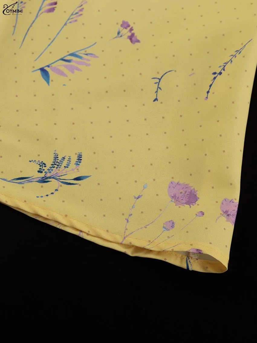 Vestido Feminino Casual Oymimi com Estampa Amarela Elegante Alças Finas Costas Abertas Moda Outono Cintura Alta Vestido de Tornozelo