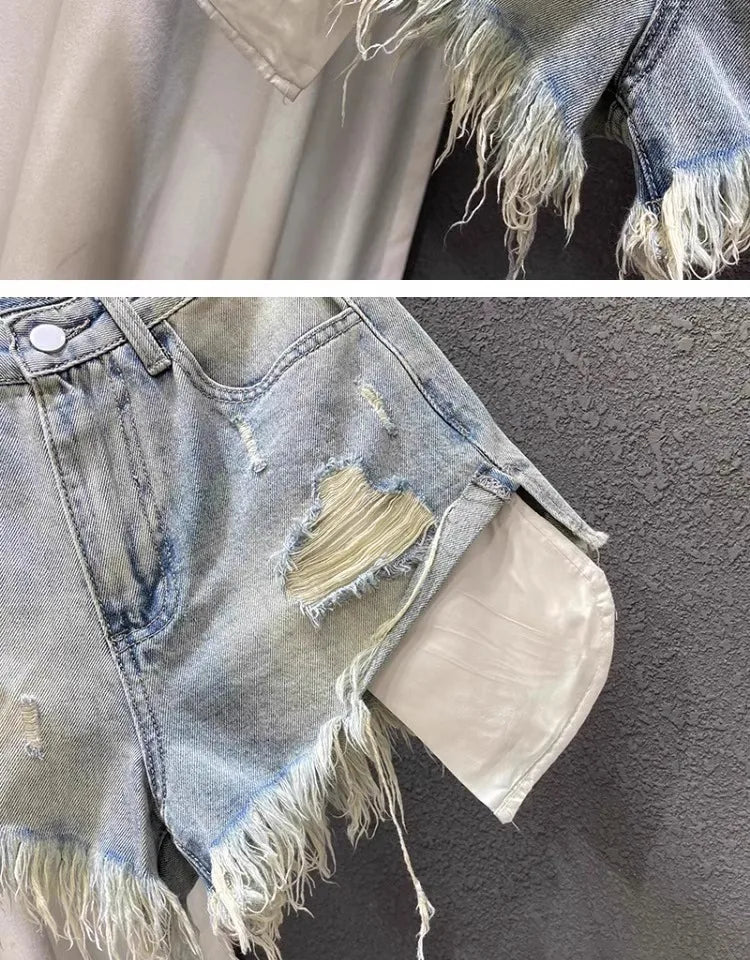 2025 Novas Mulheres Cintura Alta Buracos de cor clara Projetado Shorts Jeans Femininos em forma de A Jeans rasgados s-xl rosa azul