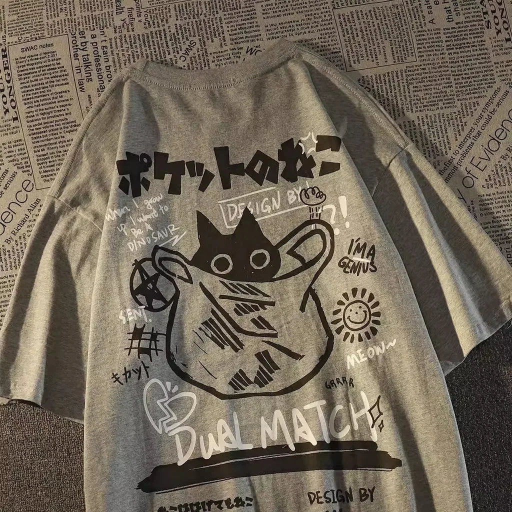 Verão japonês retro bolso gato desenho animado impresso manga curta camiseta masculino feminino casais unissex estilo universitário grande top