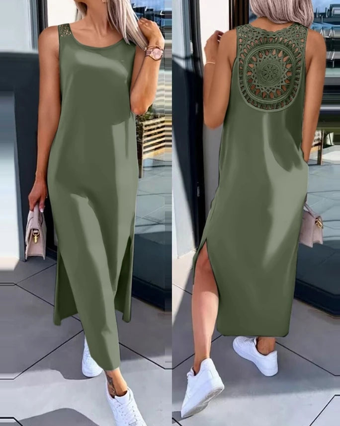 Vestidos Femininos 2024 Moda Verão Fenda Vazada Casual Tecido Decote Redondo Sem Mangas Diário Reto Vestido de Panturrilha Média