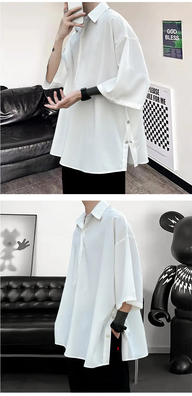 Camisa de manga curta de verão para homens de grandes dimensões preto branco camisa streetwear coreano solto camisas de seda de gelo dos homens camisa casual m-3xl