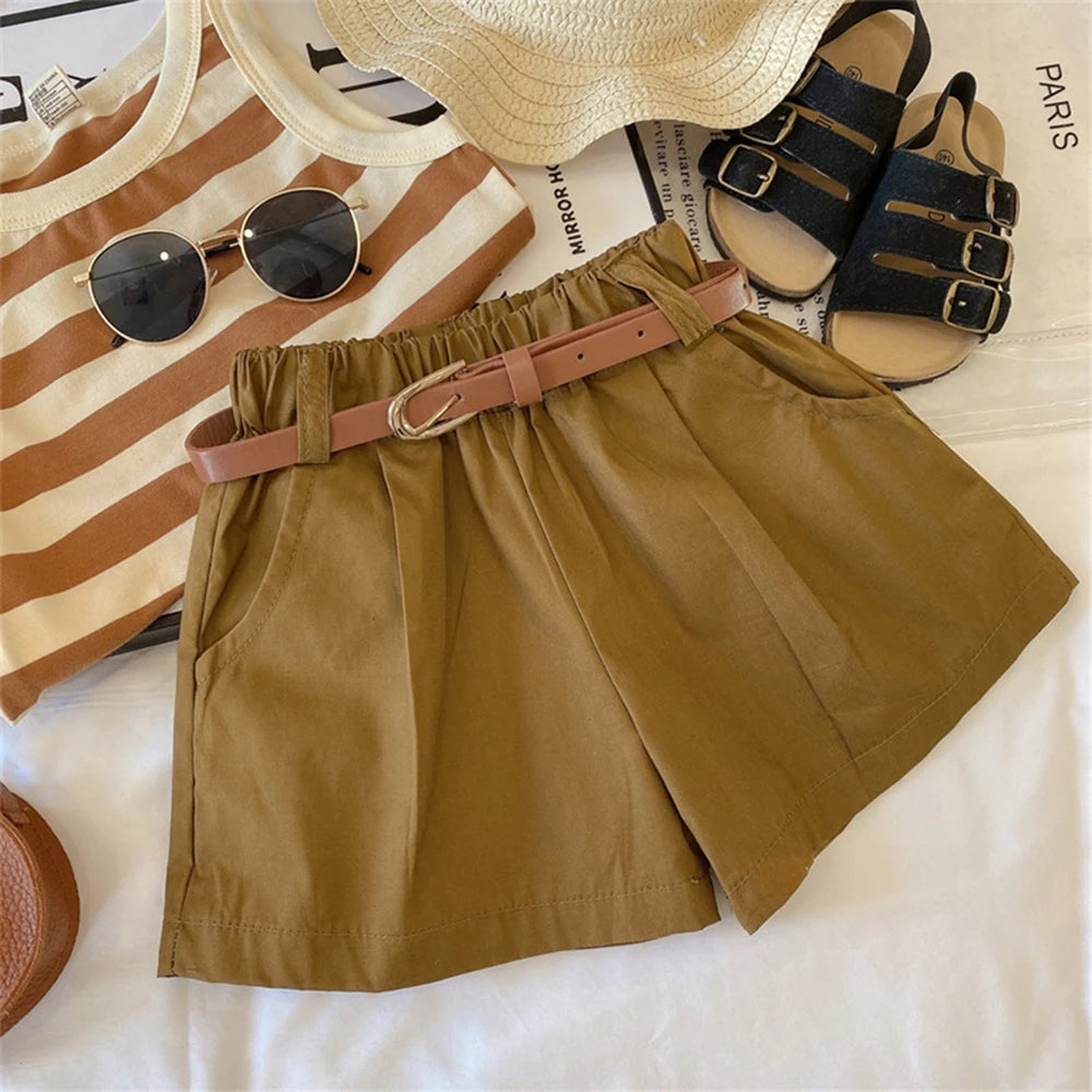 Conjunto Elegante e Casual para Meninas Líder Urso 2023 Verão Fino Listra Infantil Suspender Regata Shorts Conjunto de Duas Peças Roupas