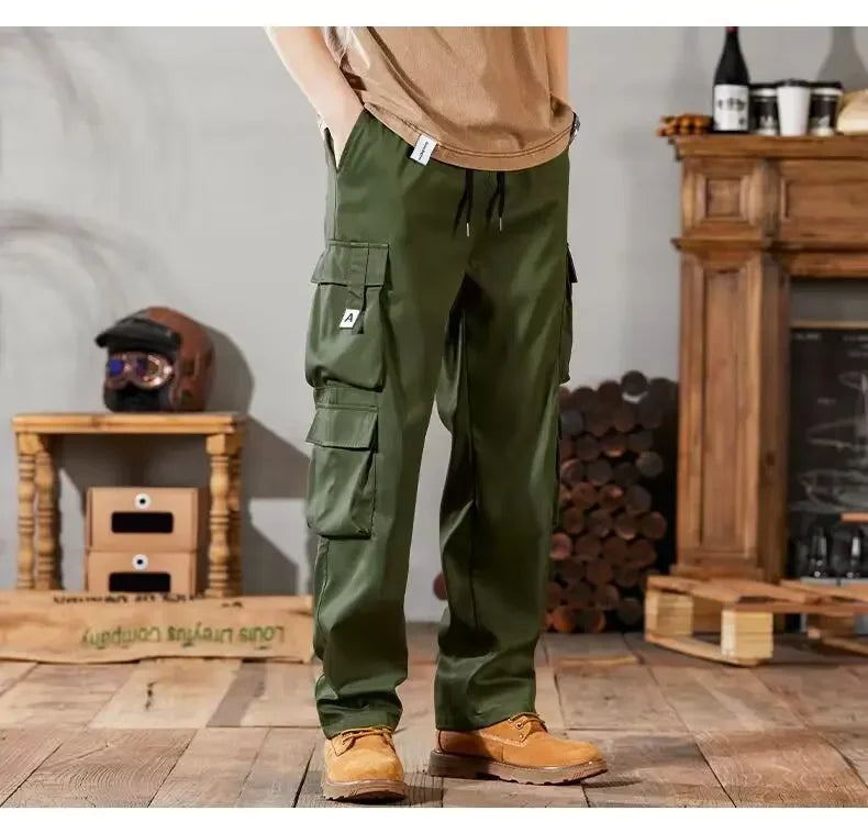2024 Novas Calças Cargo Masculinas Soltas de Perna Reta Multi-Bolso Calças de Trabalho Vintage Calças Casuais Versáteis Modernas Primavera Outono