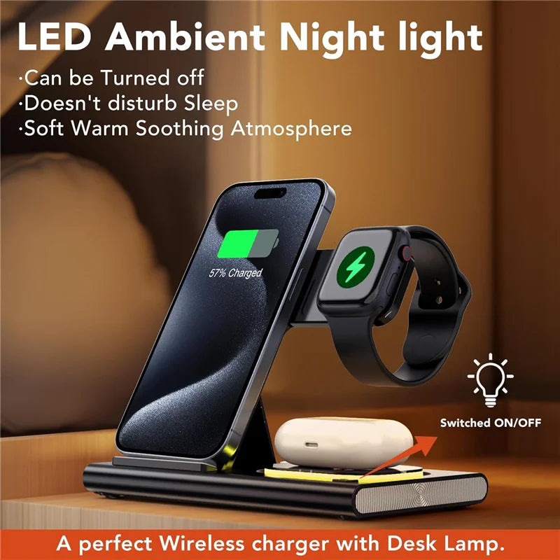Carregador Sem Fio 3 Em 1 Dobrável 300W com Suporte de Mesa para Carregamento Rápido para iPhone 16 15 14 13, Samsung, Apple Watch e Airpods
