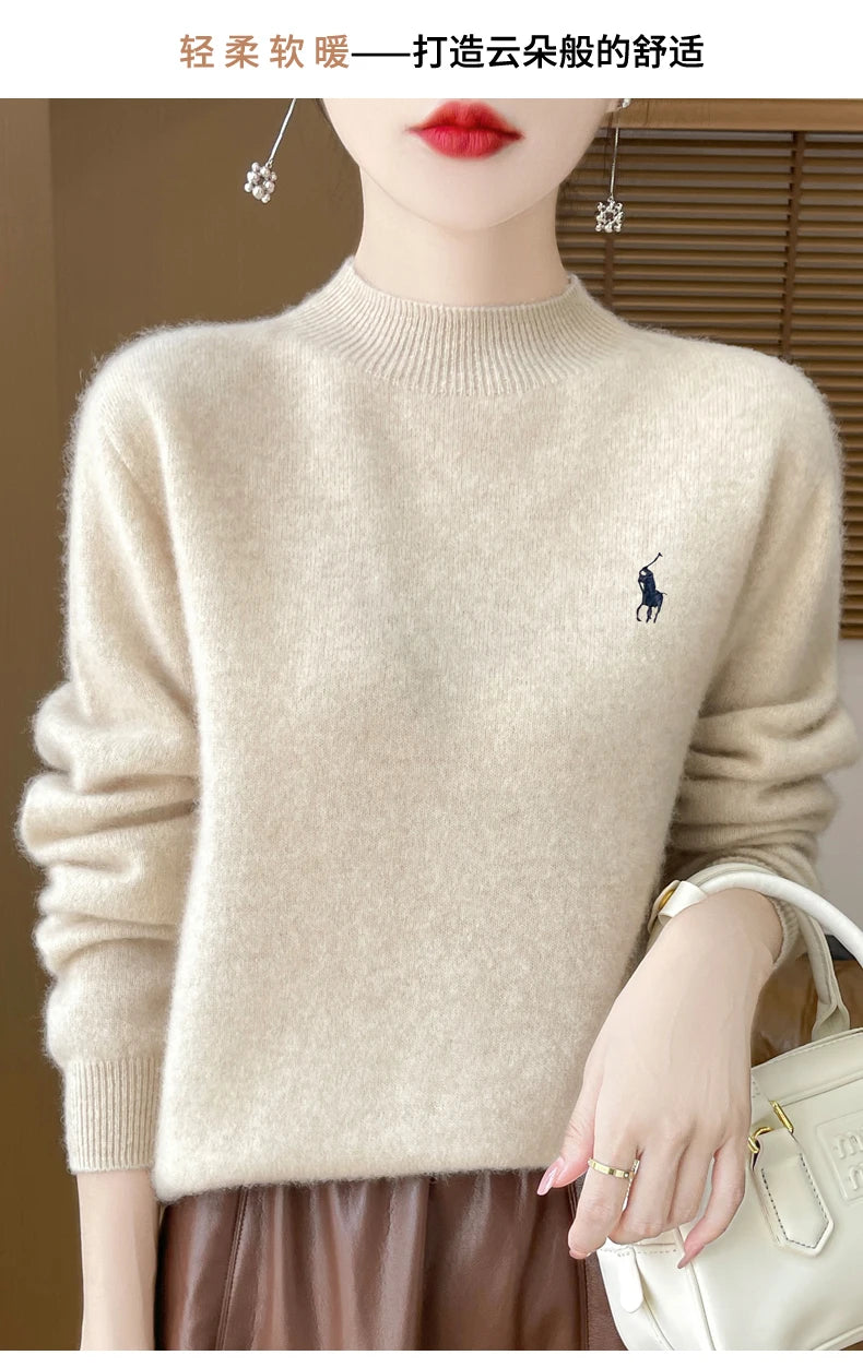 2025 Outono/Inverno Feminino Novo Moletom Com Capuz De Caxemira Elegante Bordado Meio Alto Gola Macia Caxemira Explosiva100% Lã Australiana