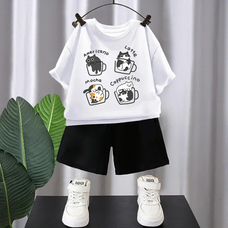 Verão Meninos Algodão T-shirts 5-12T Café Gatos Impresso Tops Cool Kids Tees Manga Curta Crianças Tops de Alta Qualidade Roupas Infantis
