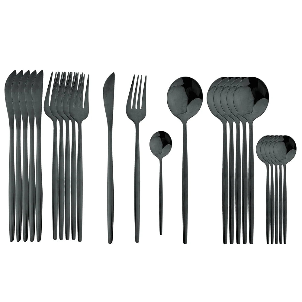 24 Pcs Preto Punho Conjunto de Talheres Dourados Aço Inoxidável Faca Garfo Colher Talheres Conjunto de Talheres Festival Cozinha Louça Presente
