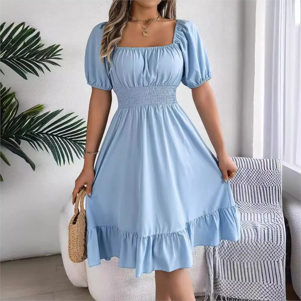 Mulheres Vestidos Pequenos 2024 Verão Casual Decote Quadrado Manga Curta Cintura Vestido de Borda com Babado Mulheres Elegante