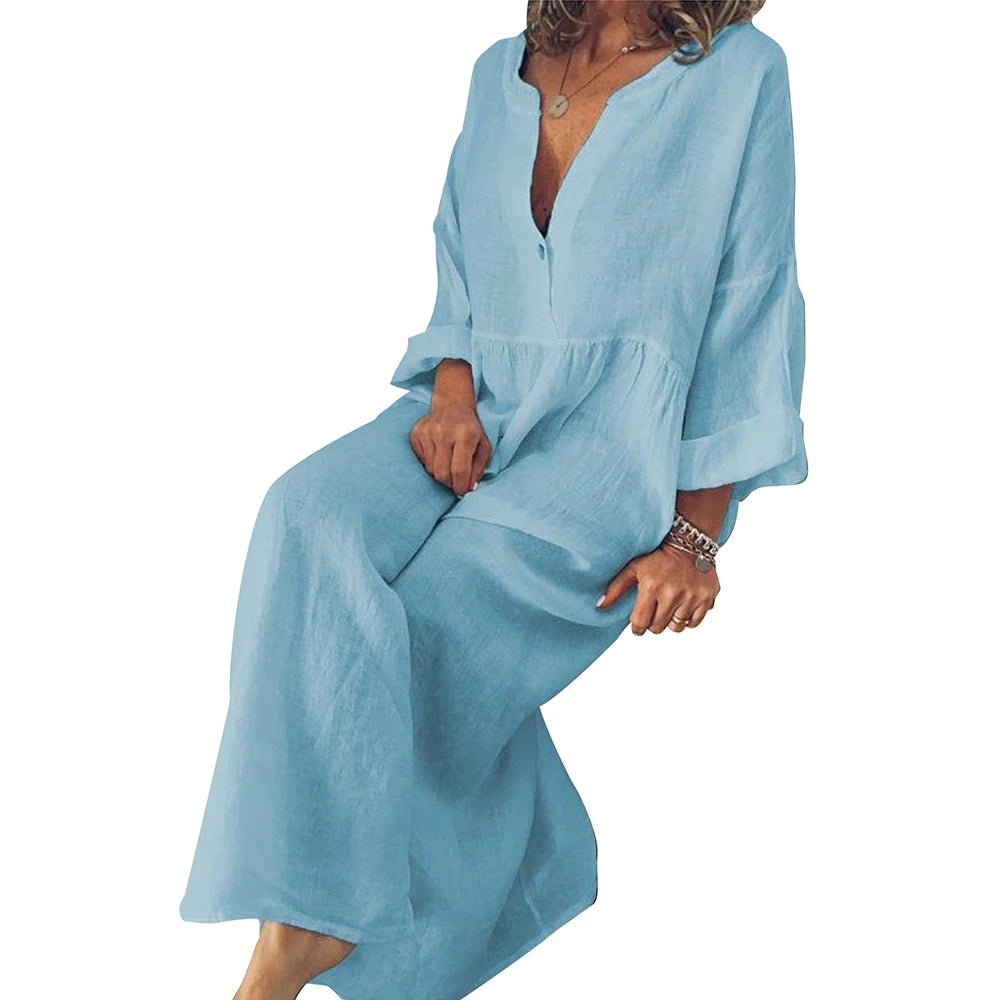 Vestido Longo de Linho de Algodão para Mulheres 2023 Verão Cor Pura Casual Manga Curta Camisa Vestido Praia Roupas Femininas Y2K Vestido Rob