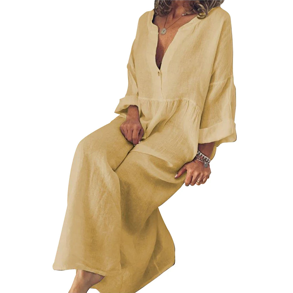 Vestido Longo de Linho de Algodão para Mulheres 2023 Verão Cor Pura Casual Manga Curta Camisa Vestido Praia Roupas Femininas Y2K Vestido Rob