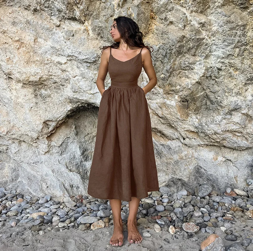 Vestido de cintura alta com suspensório respirável de algodão e linho Verão europeu e americano Novo estilo de férias saia longa para mulheres