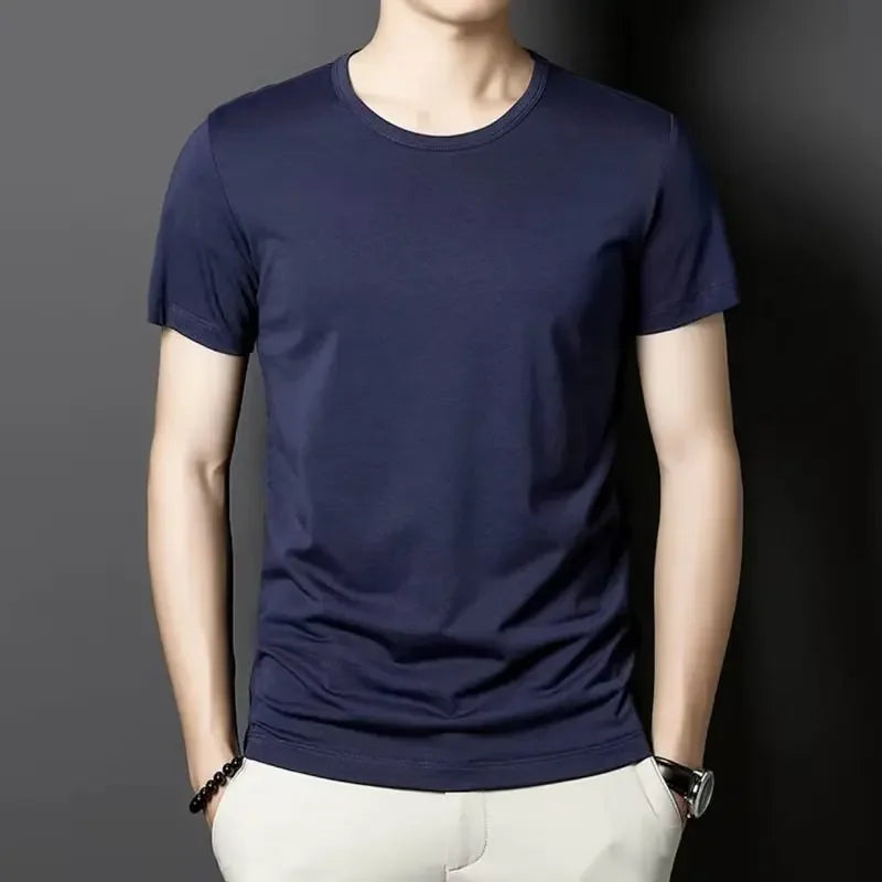 Camiseta masculina de verão estilo coreano Slim Fit de manga curta 140g blusa de poliéster suaviza sua silhueta Cor sólida Camada de base Top