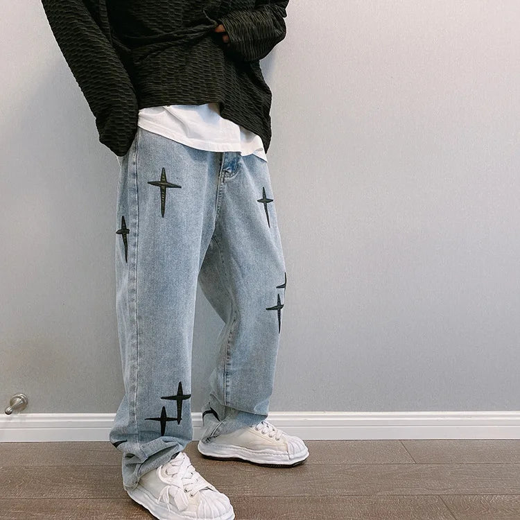 Estampas Jeans Homens 2023 Novo Streetwear Baggy Wide Leg Jeans Coreano Moda Cortinas Reta Casual Solta Denim Cargo Calças