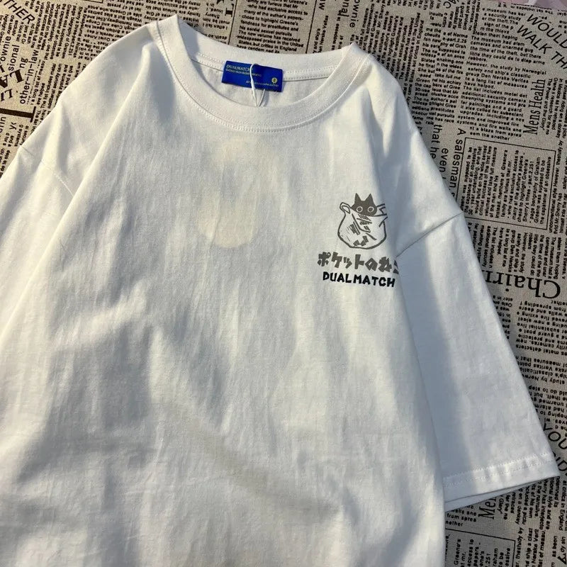 Verão japonês retro bolso gato desenho animado impresso manga curta camiseta masculino feminino casais unissex estilo universitário grande top