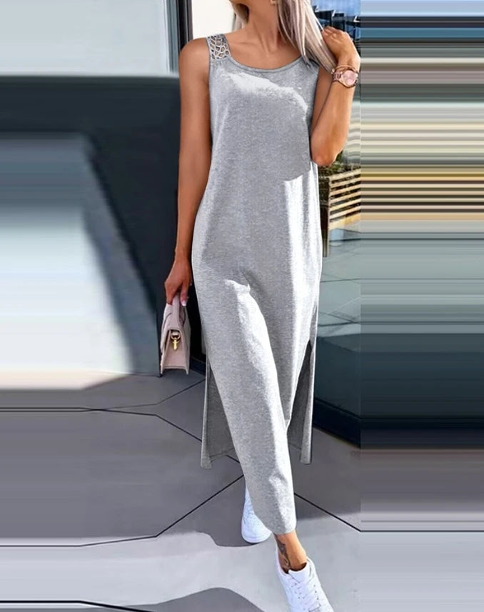 Vestidos Femininos 2024 Moda Verão Fenda Vazada Casual Tecido Decote Redondo Sem Mangas Diário Reto Vestido de Panturrilha Média