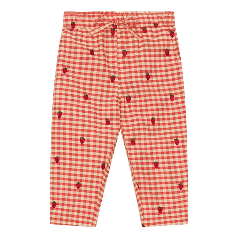 2024 Verão Floess Roupas Infantis Bebê Meninas Vestido de Algodão Xadrez Morango Manga Curta Camisetas Shorts Ternos Roupas Infantis