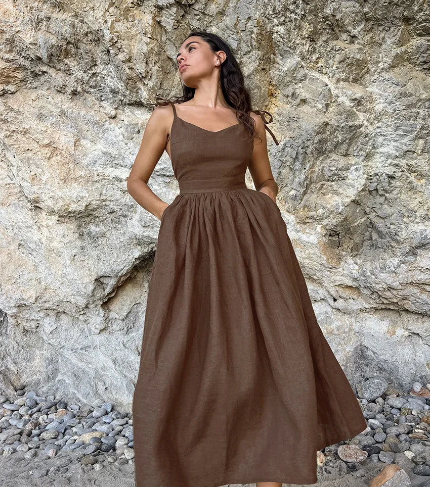 Vestido de cintura alta com suspensório respirável de algodão e linho Verão europeu e americano Novo estilo de férias saia longa para mulheres