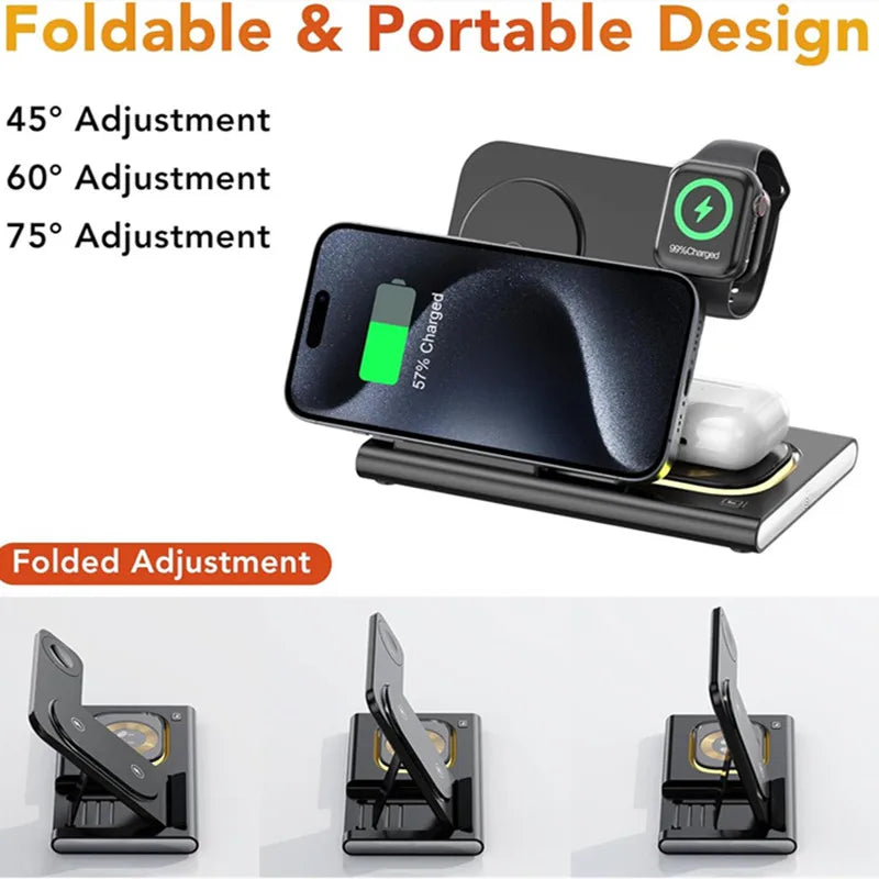 Carregador Sem Fio 3 Em 1 Dobrável 300W com Suporte de Mesa para Carregamento Rápido para iPhone 16 15 14 13, Samsung, Apple Watch e Airpods