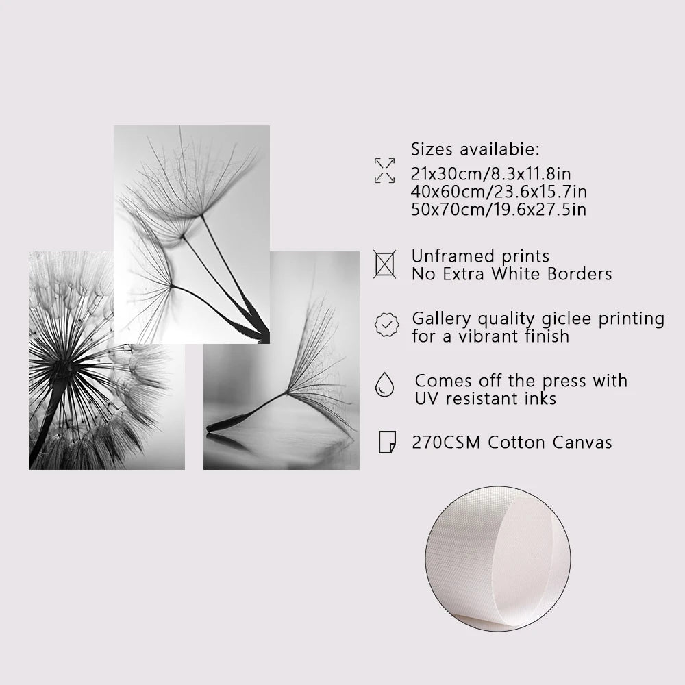 3 PCS Preto e Branco Arte Da Parede Pintura Em Tela Dente De Leão Flor Fotos Cartaz E Impressões Casa Obras De Arte Decorativas Para Cozinha
