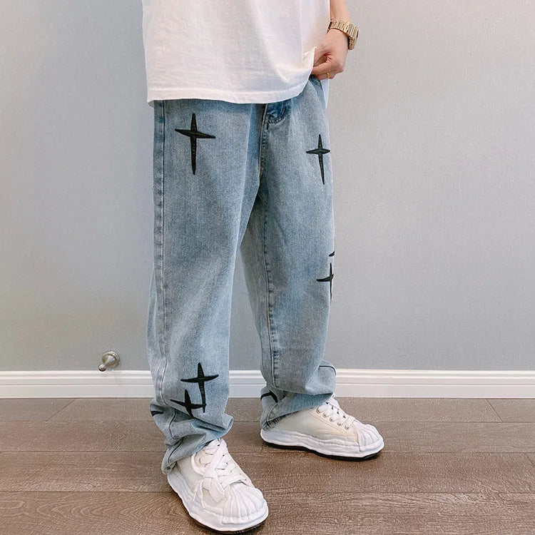Estampas Jeans Homens 2023 Novo Streetwear Baggy Wide Leg Jeans Coreano Moda Cortinas Reta Casual Solta Denim Cargo Calças