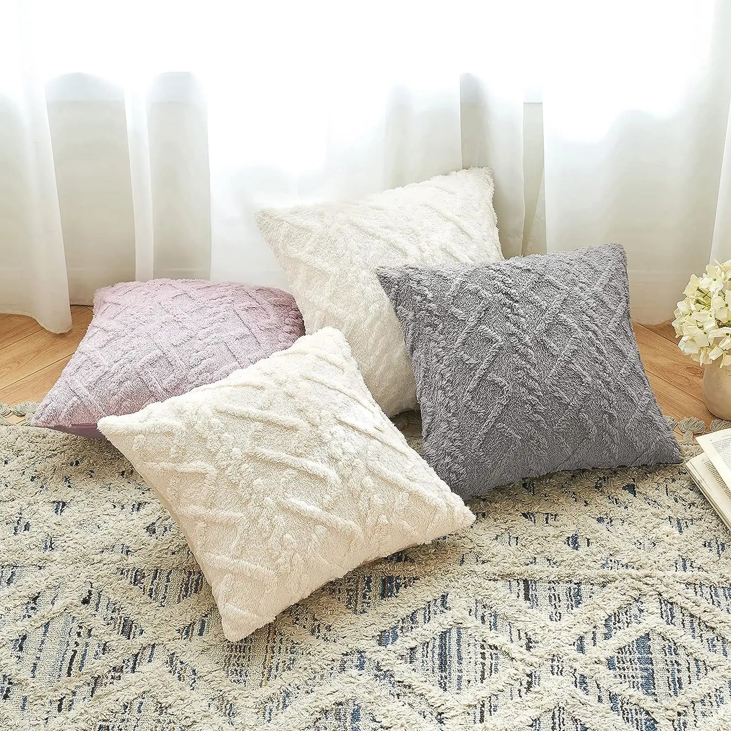1 capa de almofada de lã artificial decorativa simples, capa de almofada de lã de pelúcia curta e macia, sofá decorativo moderno, fami