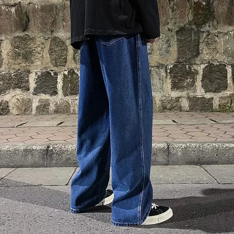 2024 Novo Streetwear Jeans Solto Masculino Estilo Coreano Moda Solta Reta Perna Larga Calças Masculinas Roupas de Marca Preto Azul Claro
