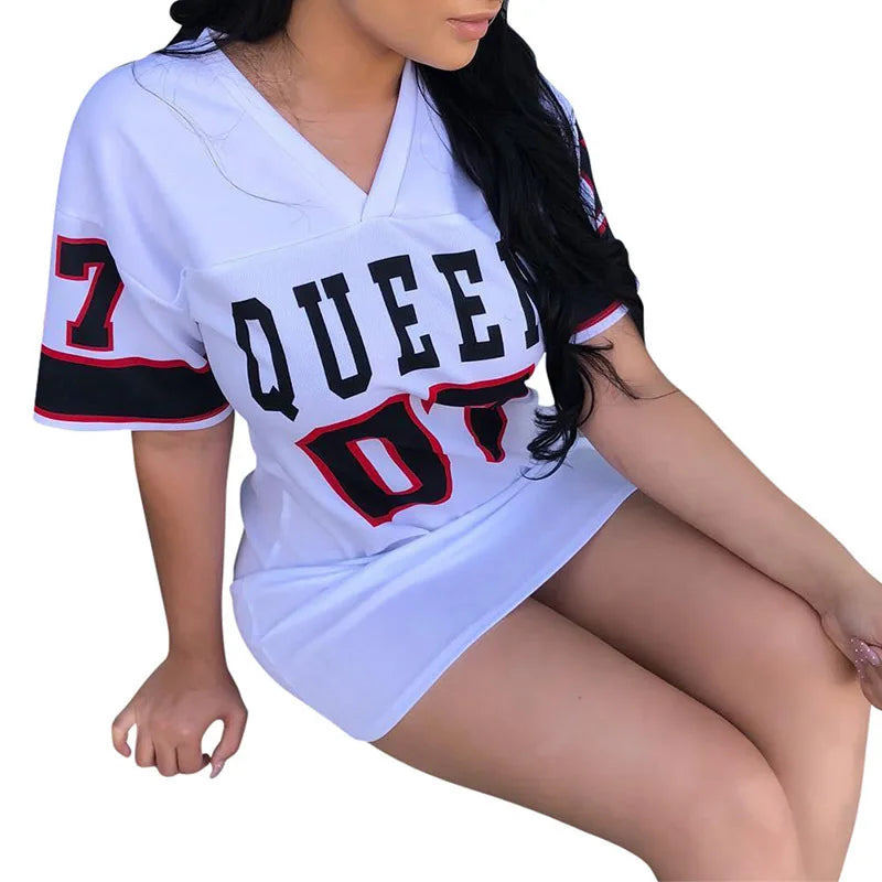 2024 Nova Moda Decote Em V Rainha Letras Vestido Estampado Manga Curta Basquete Estilo Esportivo Sexy Solto Roupas Femininas Streetwear
