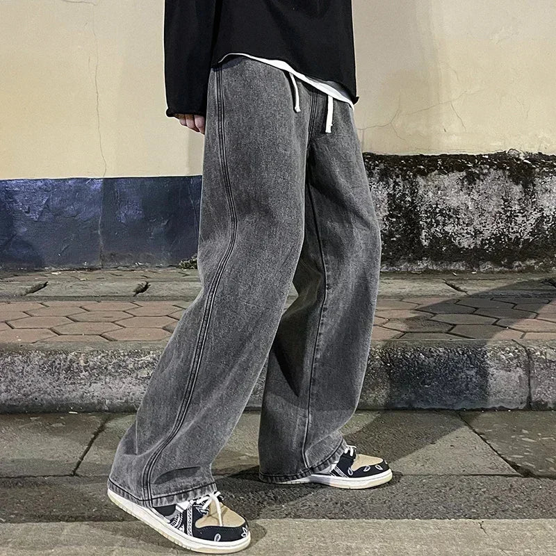 2024 Novo Streetwear Jeans Solto Masculino Estilo Coreano Moda Solta Reta Perna Larga Calças Masculinas Roupas de Marca Preto Azul Claro